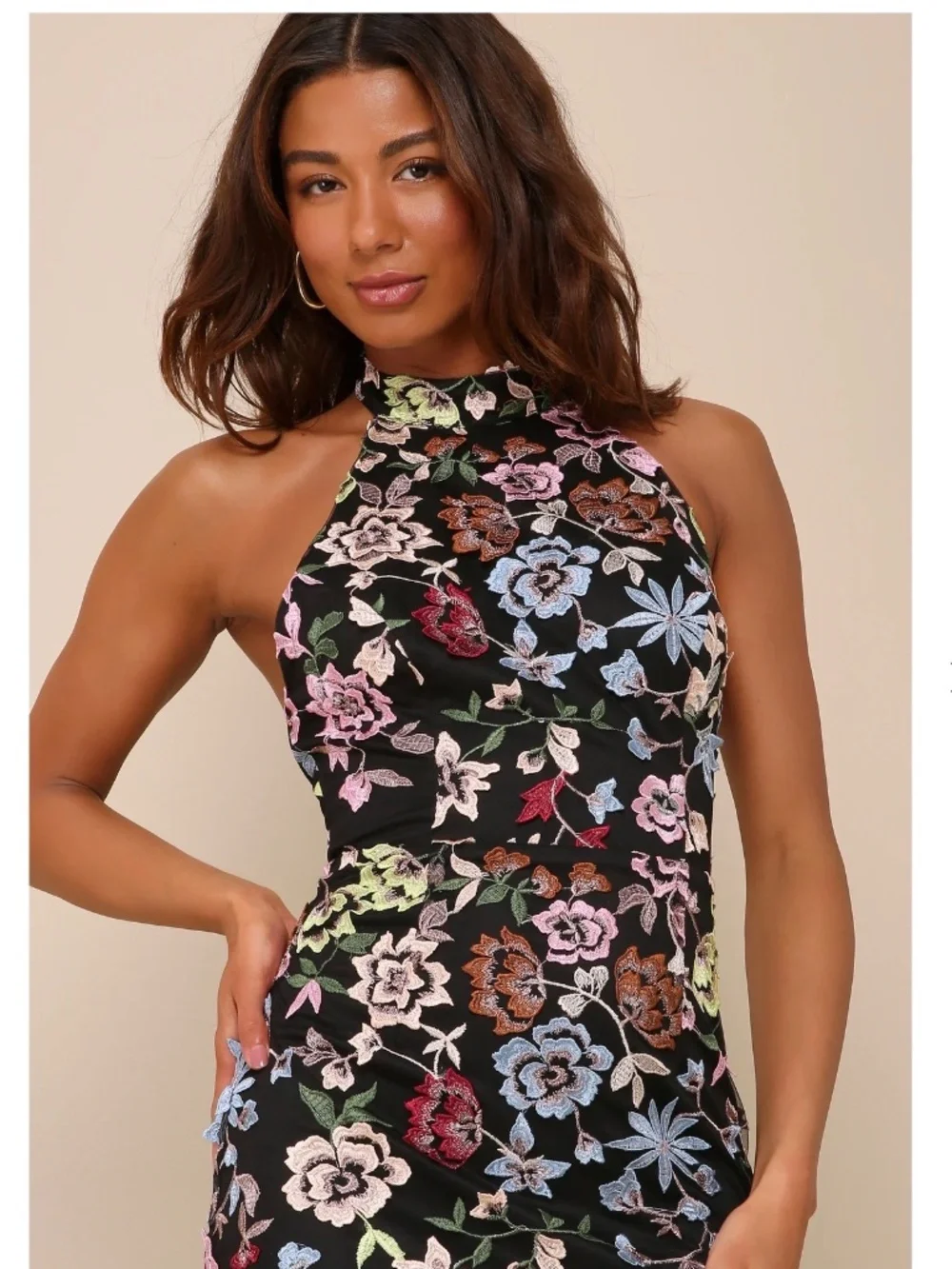 NWT Lulus Infinite Praise Black 3D Floral Embroidered Halter Maxi Dress XS